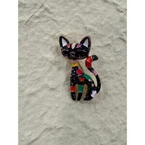 New Black Enamel Cat Brooch – Whimsical Seated Kitty Pin Costume Jewelry CP29